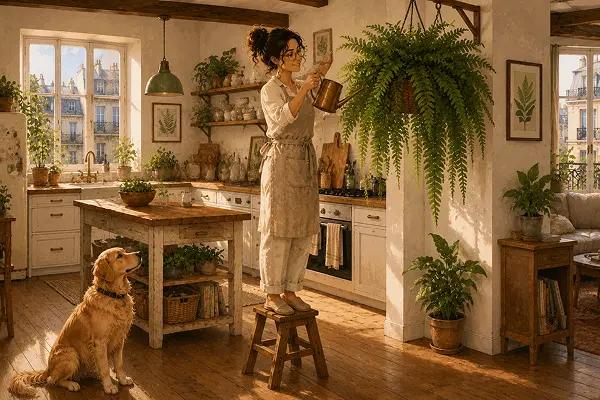 Olivia standing on a wooden stool to water a large hanging Boston fern in her high-ceiling Paris kitchen, with her golden retriever dog Milo watching.