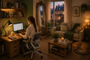 High angle view of Olivia working at her rustic wooden desk against a muted olive green wall on the left, while her living room sofa relaxation area with a sleeping golden retriever dog Milo rests on the right under warm amber lighting.