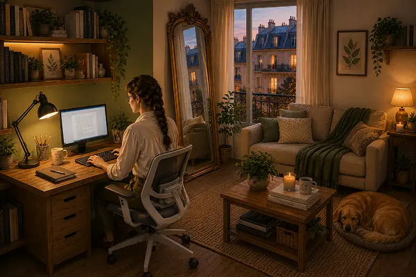 High angle view of Olivia working at her rustic wooden desk against a muted olive green wall on the left, while her living room sofa relaxation area with a sleeping golden retriever dog Milo rests on the right under warm amber lighting.