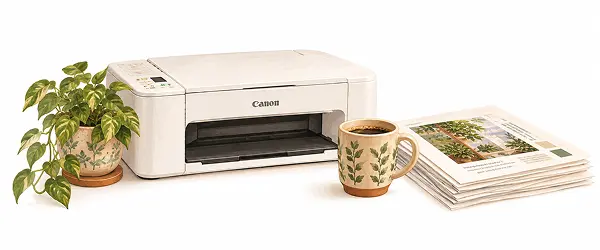 Compact printer for small home office next to a coffee mug and a stack of printed papers