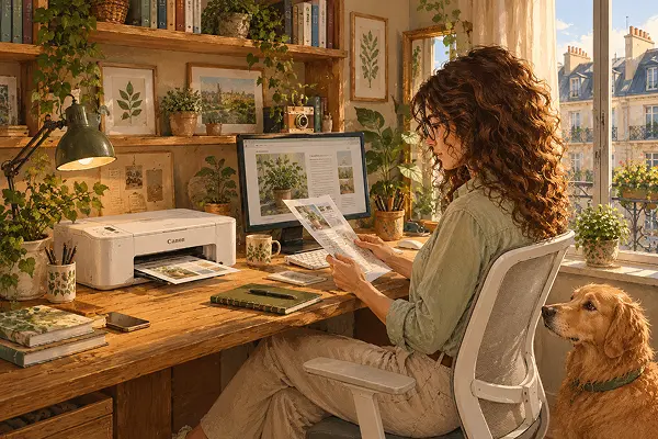 Compact printer for small home office sitting on a desk corner